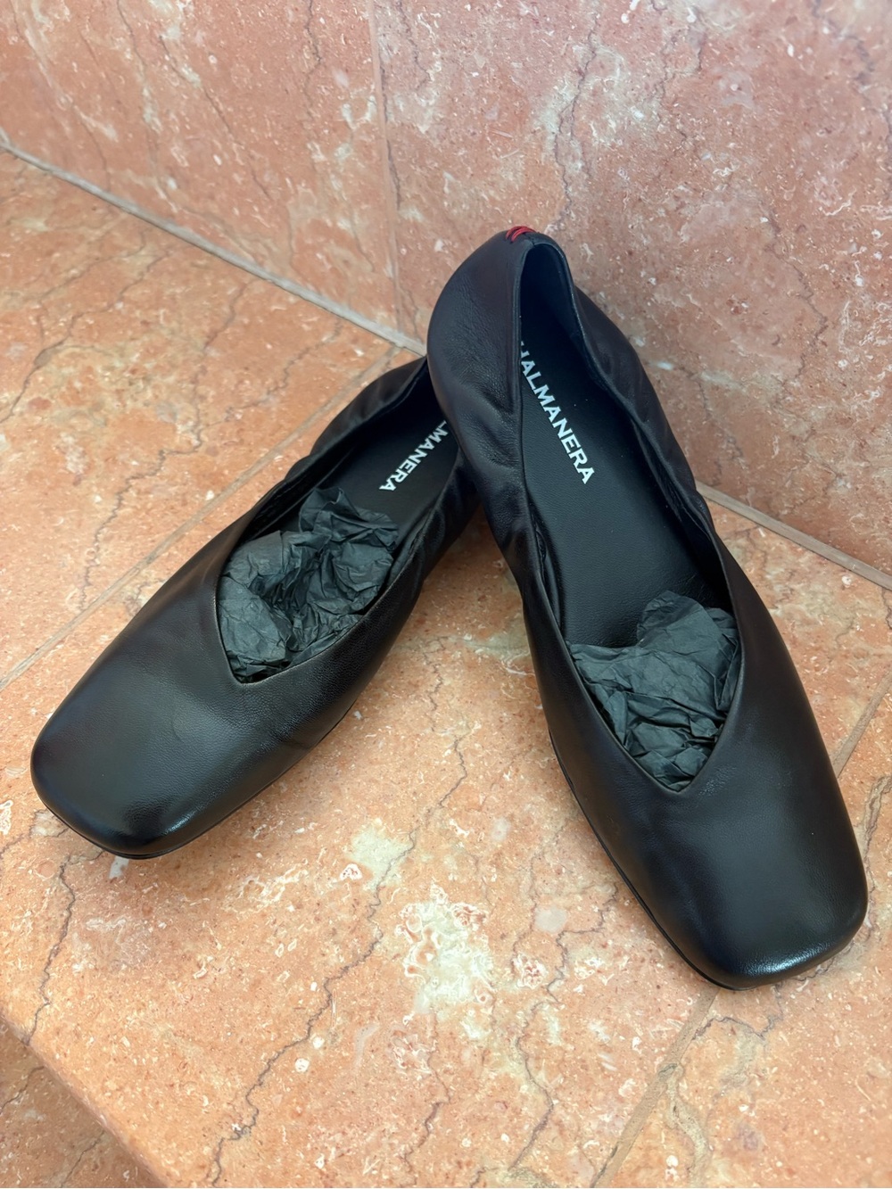Palmanera Black Leather Square-Toe Slip-On Flats